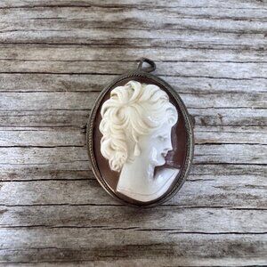 Vintage Shell Cameo Brooch Pendant 800 Silver Oval 1 Inch Carved Lady